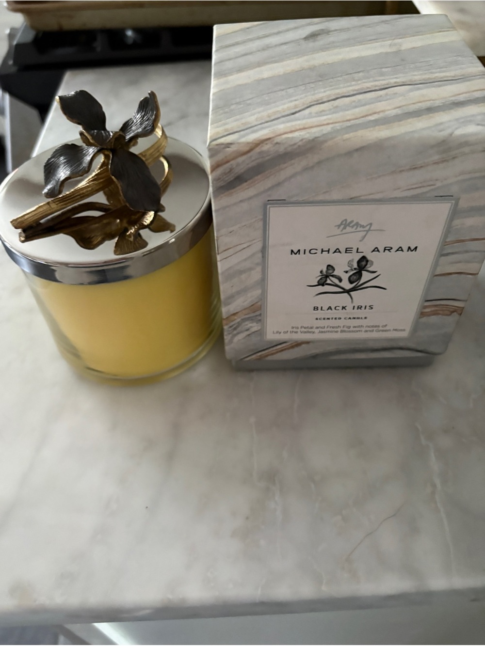 Michael Aram Yellow Glass Candle with Decorative Iris Lid